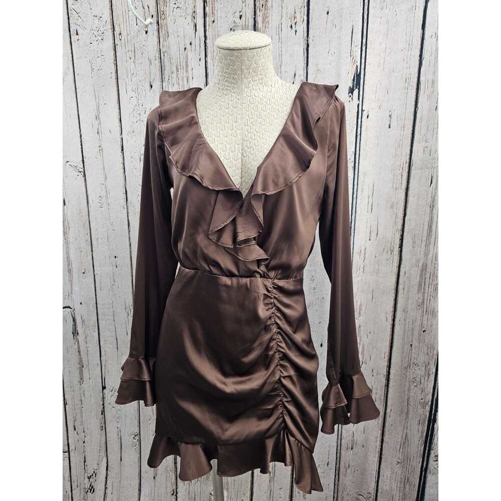 Majorelle Womens S Nelly Mini Dress Brown Satin Long Sleeve V-Neck Ruched Skirt